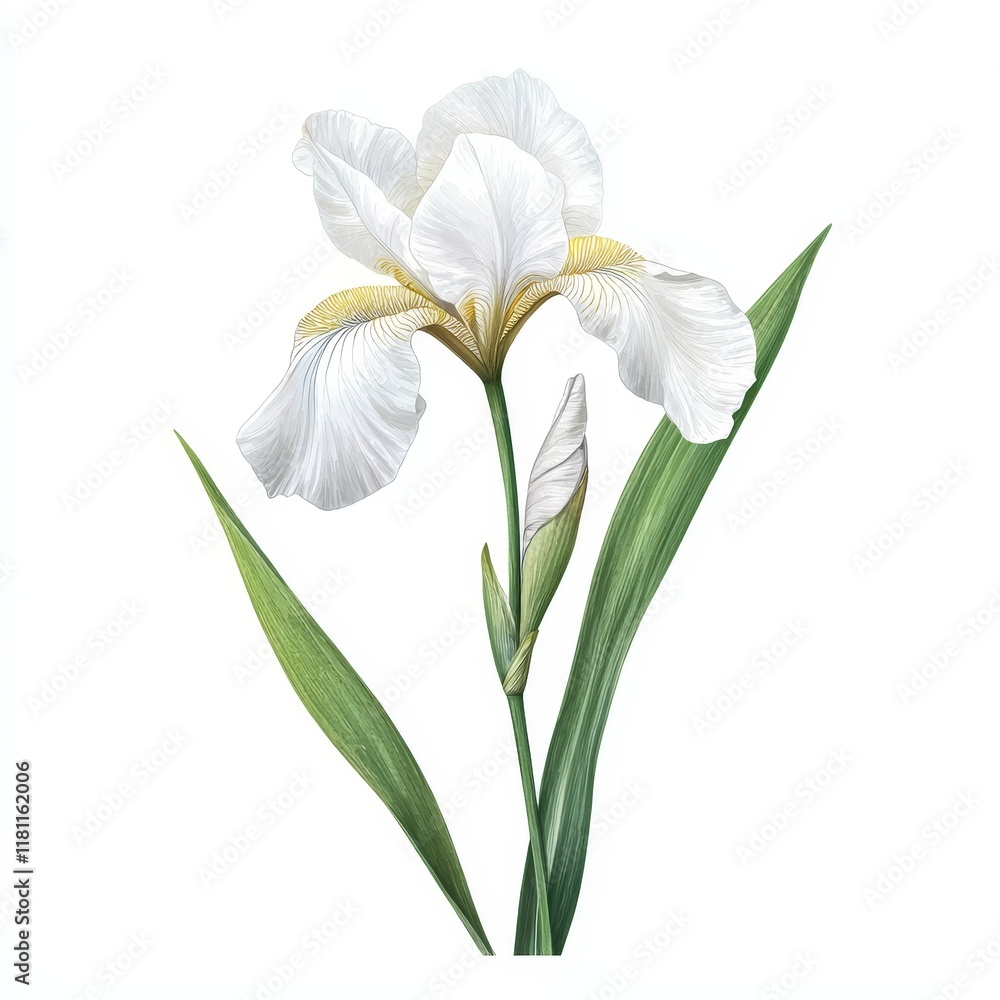 Fototapeta premium Whimsical Illustration of a Delicate White Iris Flower with Graceful Green Leaves