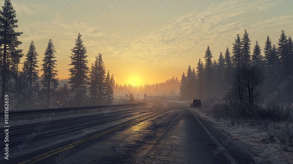 Sunset Over a Highway Road Flanked by Pine Trees Sunset Over a Highway Road Flanked by Pine Trees