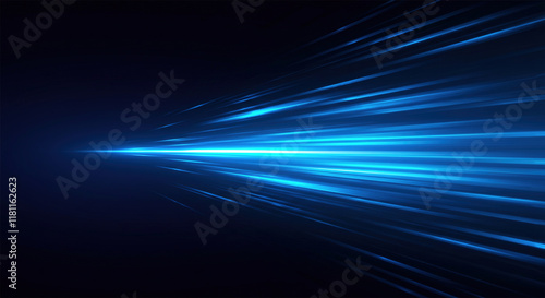 Vector Abstract, science, futuristic, energy technology concept. Digital image of light rays, stripes lines with blue light, speed and motion blur over dark blue background