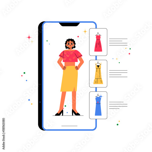 Female Fashion Model On Smartphone Screen In Flat Vector Illustration Symbolizing Online Shopping, Fashion Trends, And Digital Retail, Isolated On White Background