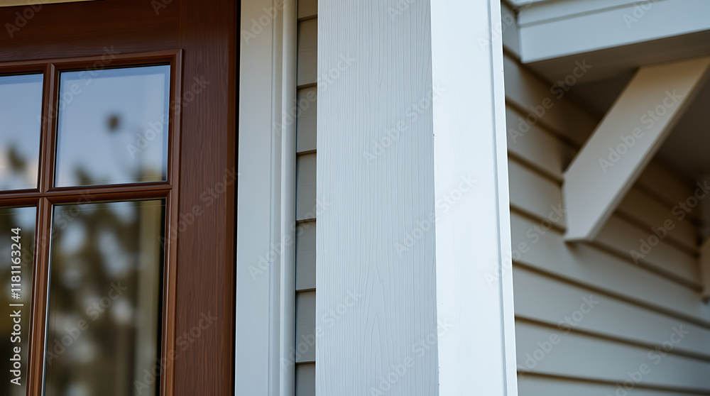 Fototapeta premium Close-up view of a house exterior showing a dark brown door with a multi-paned window, a white painted column, and light beige horizontal siding. A portion of an eave is visible.