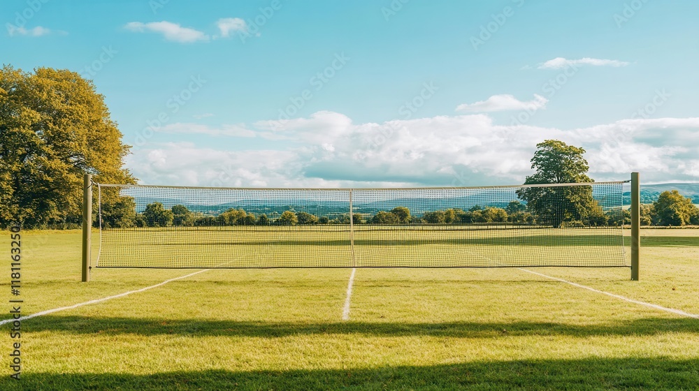 Obraz premium Tennis Court with Green Grass and Clear Blue Sky