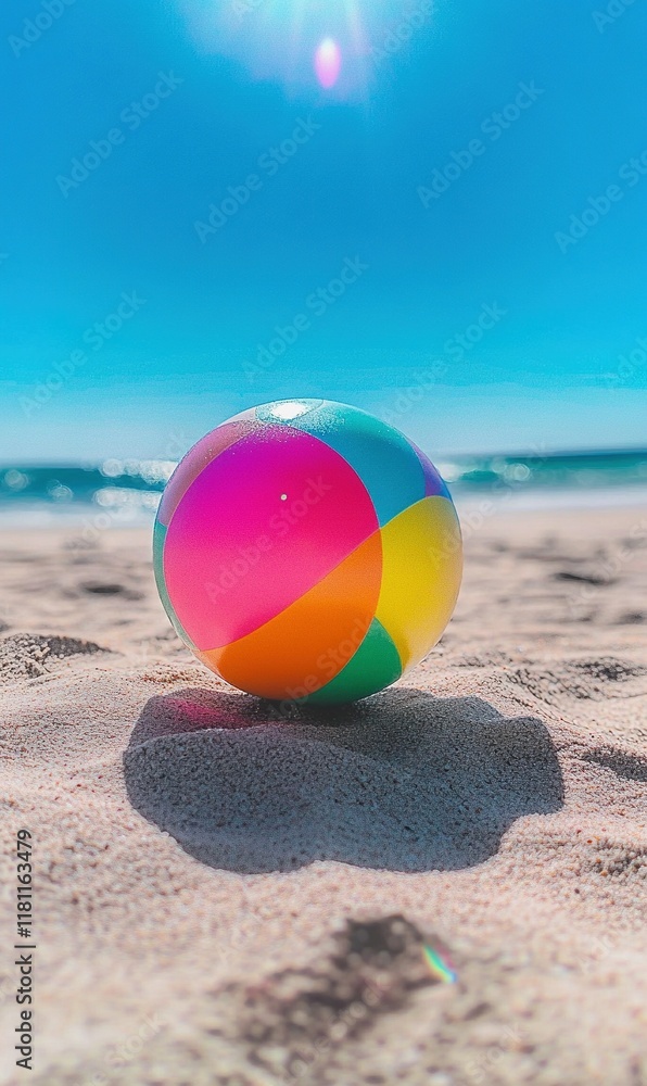 Obraz premium Colorful beach ball on sandy shore, ocean waves in background, summer fun concept.