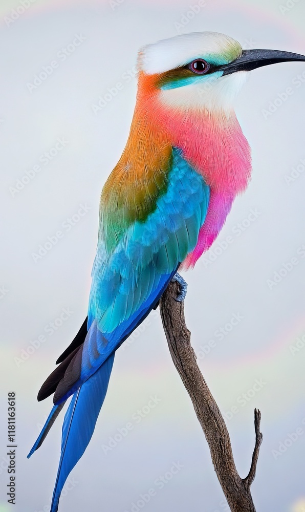 Fototapeta premium Colorful bird perched on branch, light background, wildlife photography, nature image.