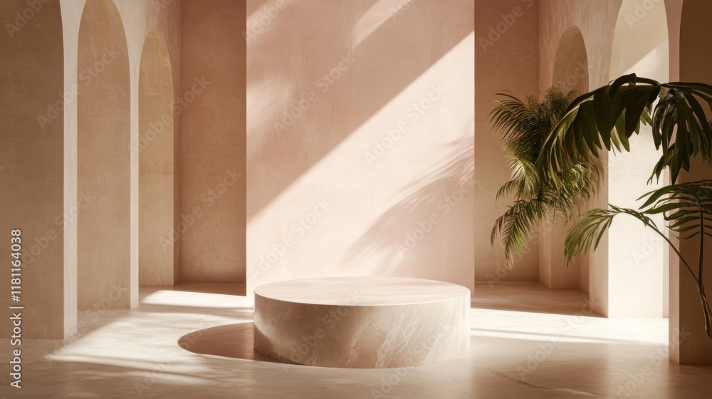 Sunlit minimalist interior with round podium, arches, and palm.