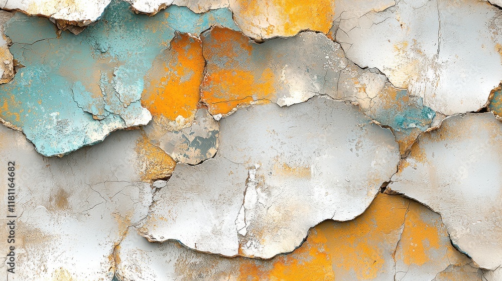 Obraz premium Abstract Texture Peeling Paint Cracked Wall Grey Orange Teal Grunge Background