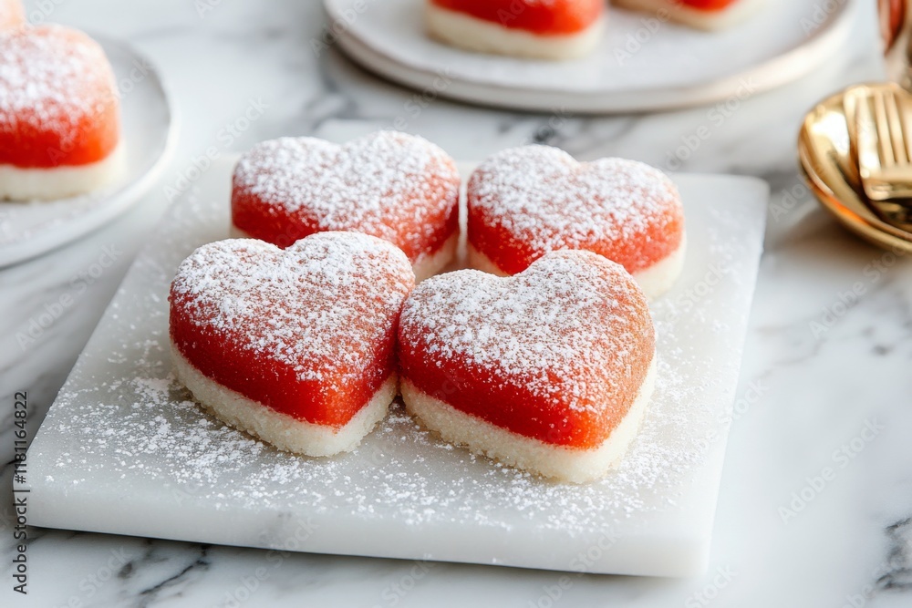 Delightful heart shaped desserts served on a marble platter, showcasing vibrant colors and a dusting of powdered sugar, perfect for romantic occasions and celebrations Delightful heart shaped desserts served on a marble platter, showcasing vibrant colors and a dusting of powdered sugar, perfect for romantic occasions and celebrations
