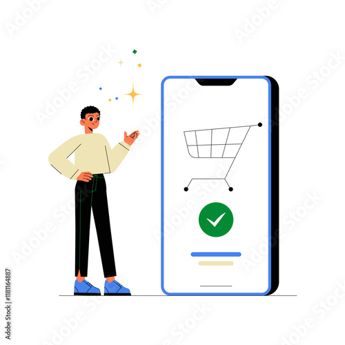 Male Customer Pointing At Smartphone Shopping Cart In Flat Vector Illustration Symbolizing Online Shopping, Digital Retail, And Mobile Purchases, Isolated On White Background