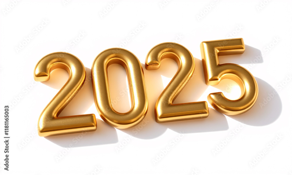 3D number 2025 in shiny gold placed on a plain white background 3D number 2025 in shiny gold placed on a plain white background