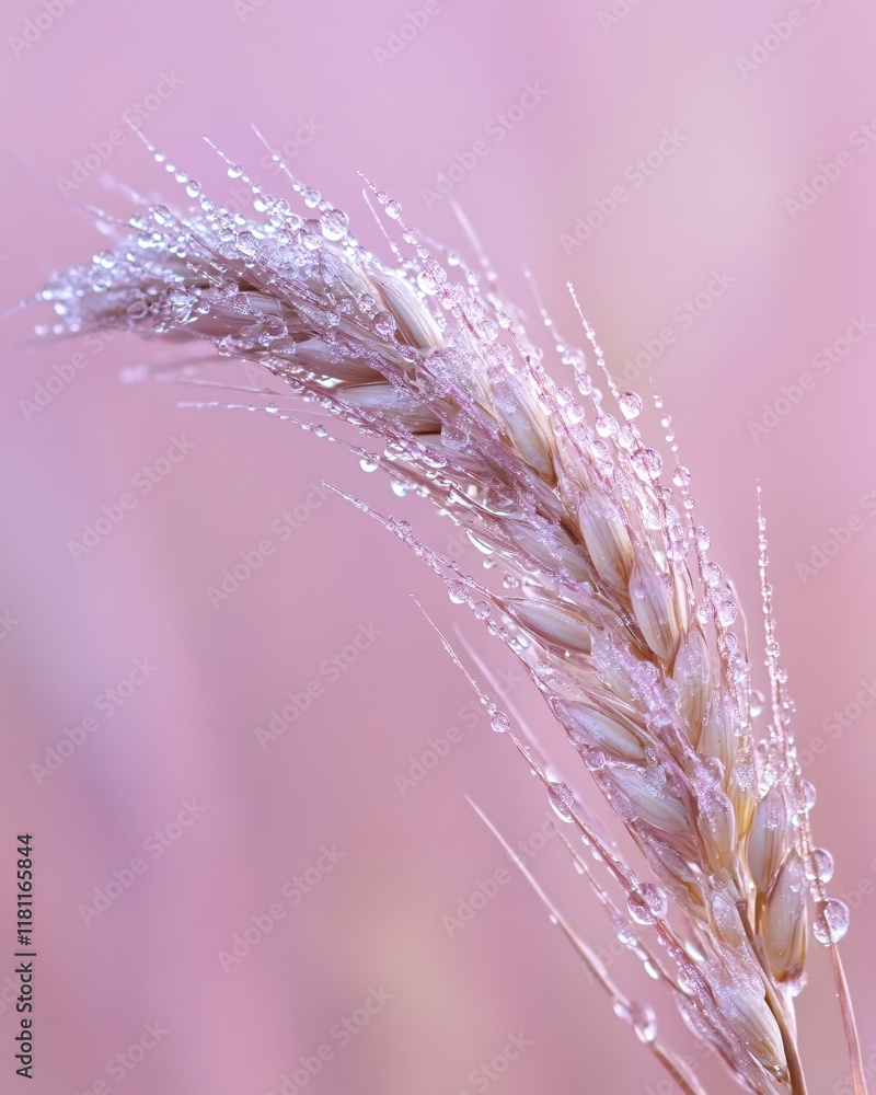 Delicate Dew Drops on Soft Pink Wheat Ear Gentle Morning Light Nature Photography Delicate Dew Drops on Soft Pink Wheat Ear Gentle Morning Light Nature Photography