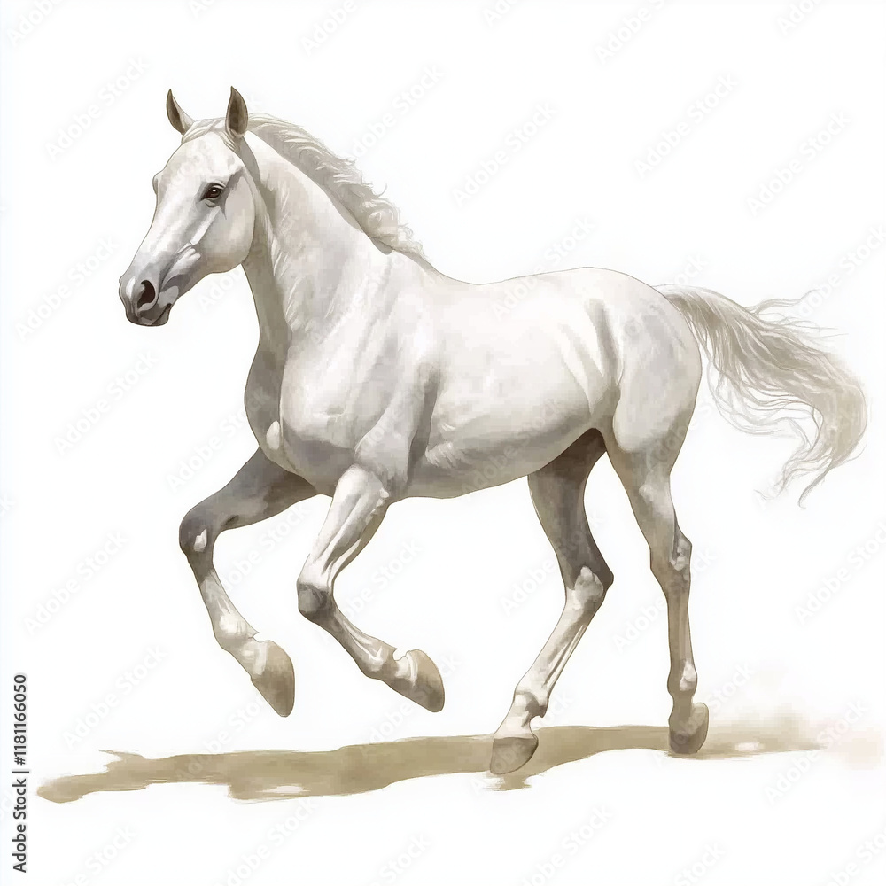 Illustration of the Arabian horse running towards through grassland, soft watercolor tones, white background, detailed illustration, cartoonish. Illustration of the Arabian horse running towards through grassland, soft watercolor tones, white background, detailed illustration, cartoonish.