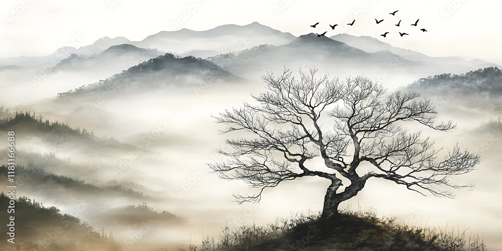 Fototapeta premium Misty mountain landscape, lone tree, birds flying, serene nature scene, wall art.