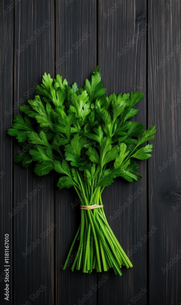 Fresh Parsley Bunch on Dark Wooden Background for Culinary and Herbal Use in Cooking and Food Preparation