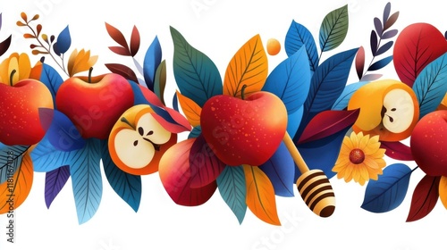 A beautifully designed Rosh Hashanah card with illustrations of apples, honey, and shofar, isolated on a white background photo