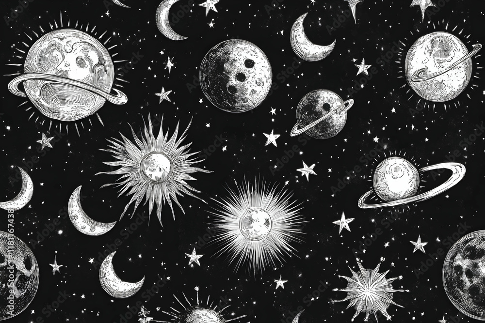 Celestial celebration seamless pattern featuring stars, moons, and planets on a dark backdrop Celestial celebration seamless pattern featuring stars, moons, and planets on a dark backdrop