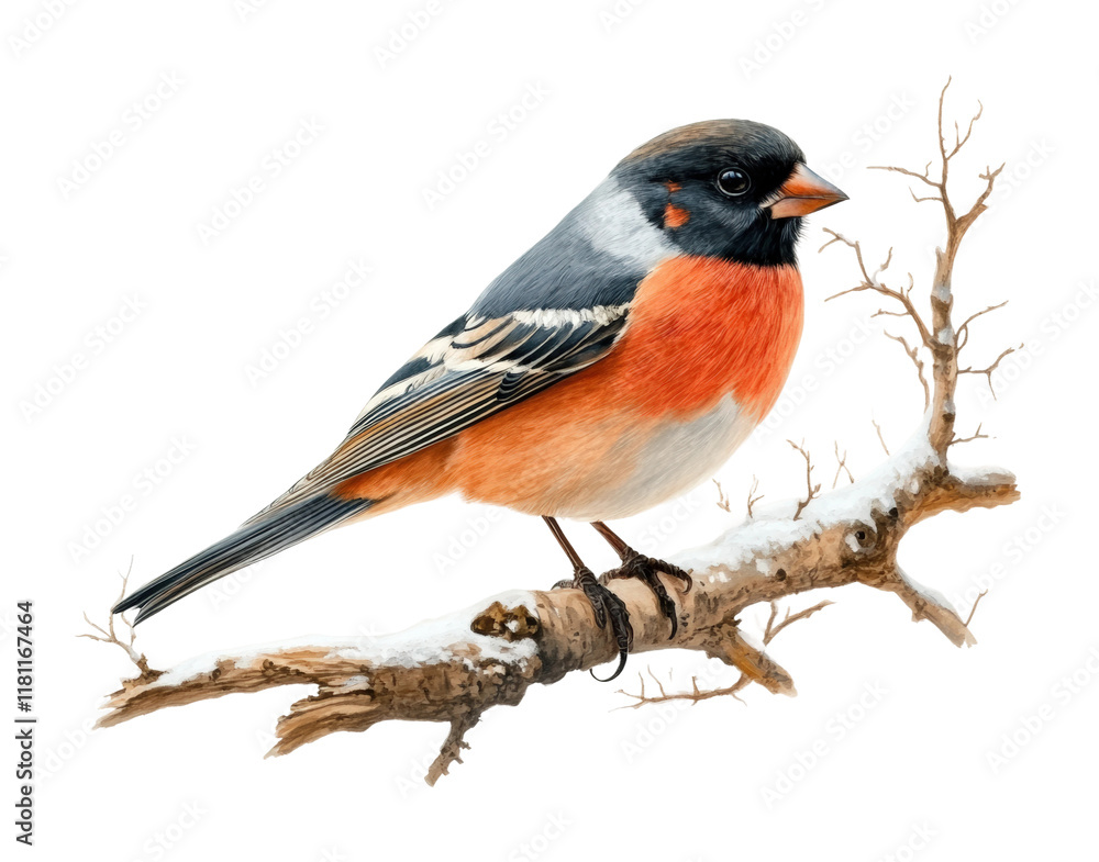 Winter wildlife closeup bullfinch on branch snowy environment nature isolated on transparent background png Winter wildlife closeup bullfinch on branch snowy environment nature isolated on transparent background png