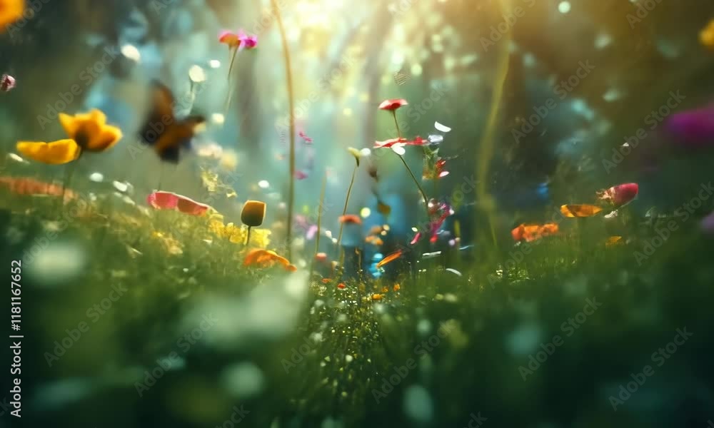 Sunlit meadow with colorful flowers and butterflies.