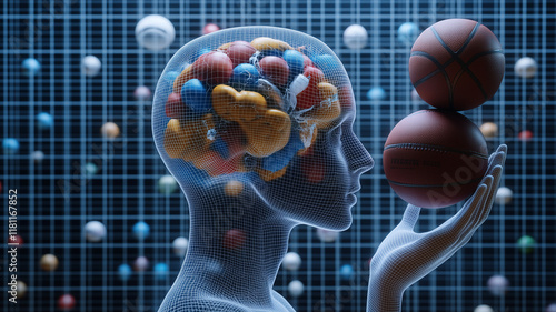 human head in profile showcases transparent brain filled with colorful shapes, balancing two basketballs in hand, symbolizing creativity and sports