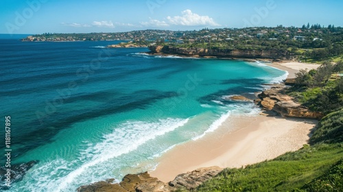 Ocean view with sandy beach, small waves, and coastal town on a sunny day, for travel photos
