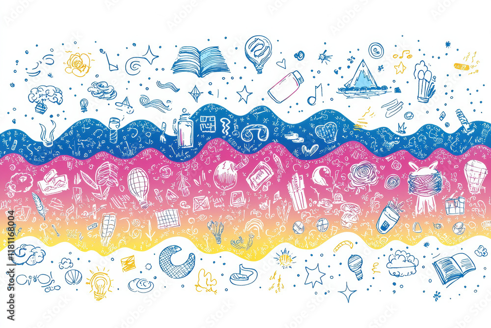 Obraz premium Vibrant doodle illustration with colorful waves and playful icons