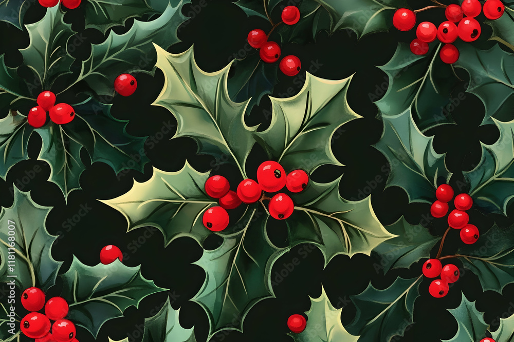 Christmas holly berries seamless pattern for holiday gift wrapping and festive decor Christmas holly berries seamless pattern for holiday gift wrapping and festive decor