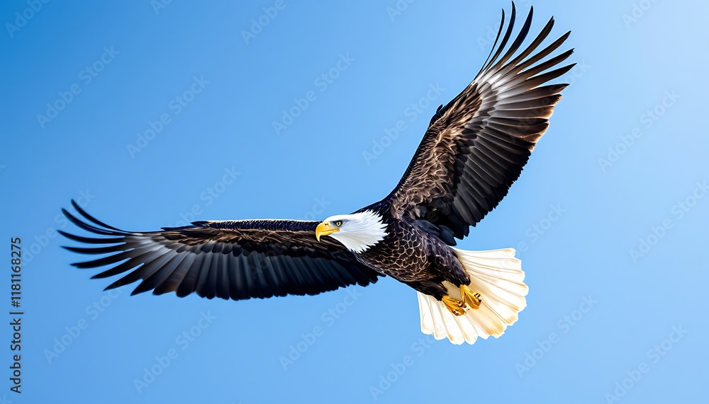 Fototapeta premium Majestic Bald Eagle in Flight Soaring High Above the Clear Blue Sky A Breathtaking Display of Nature's Power and Freedom