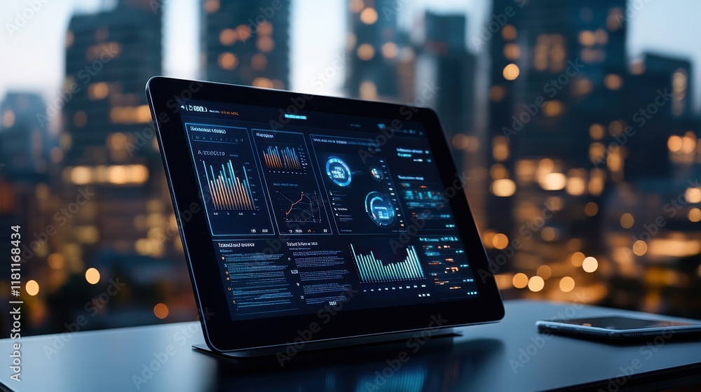 Modern Laptop Displaying Data Analytics on a Desk with City Skyline in Background at Dusk Modern Laptop Displaying Data Analytics on a Desk with City Skyline in Background at Dusk