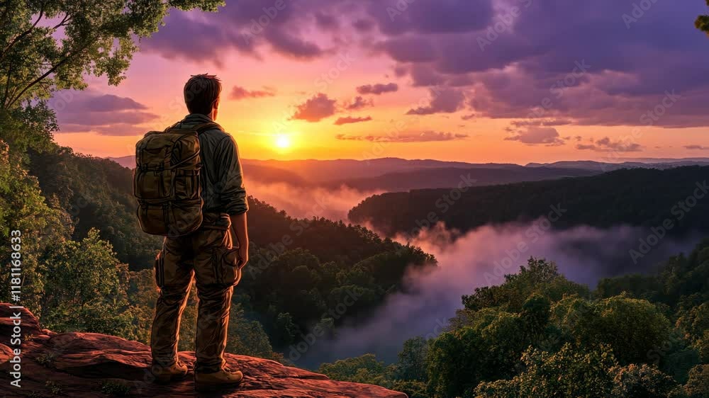 Hiker admires sunset over misty mountains in serene outdoor setting Hiker admires sunset over misty mountains in serene outdoor setting