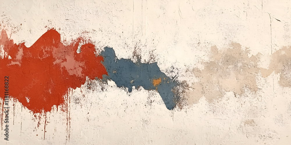 Fototapeta premium Abstract Wall Texture: A captivating abstract image featuring a textured wall with splashes of red, blue, and beige paint creating a dynamic and expressive composition.