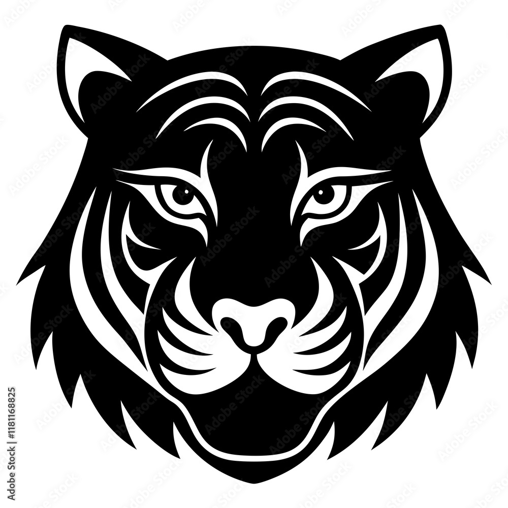Fototapeta premium tiger head black silhouette vector, Simple silhouette Design vector icon with white background.