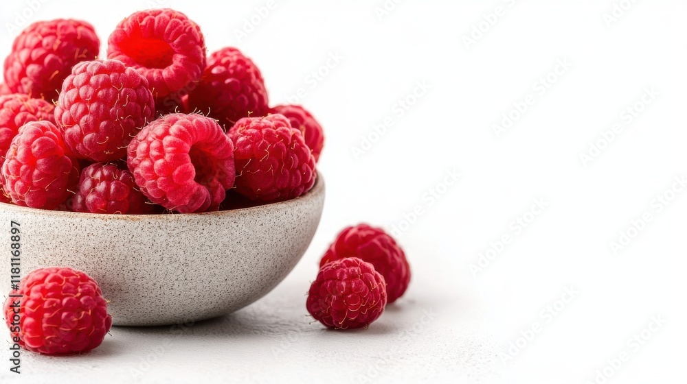 A bunch of fresh raspberries in a small bowl, isolated on a white background A bunch of fresh raspberries in a small bowl, isolated on a white background