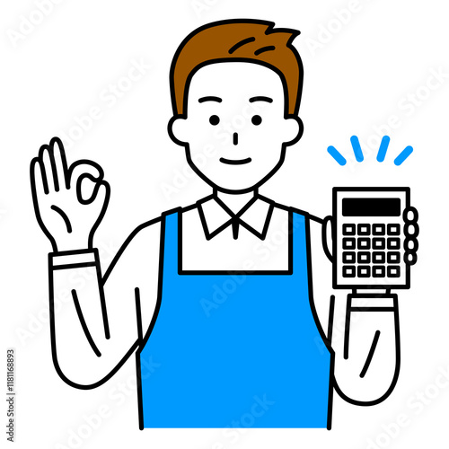 電卓を持ってOKサインをするエプロン姿の男性