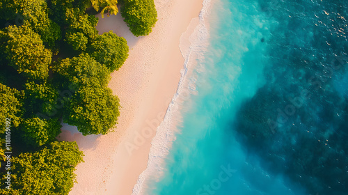 Aerial View of a Pristine Tropical Beach with Turquoise Waters on a Sunny Day. photo