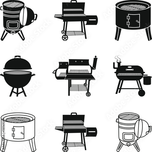 Smoker BBQ, Grill Barbecue Smoker Vector Icon, Sign, Symbol, Icon, Smokin Hot, Printable Vector, Smoker BBQ Split And Circle Logo