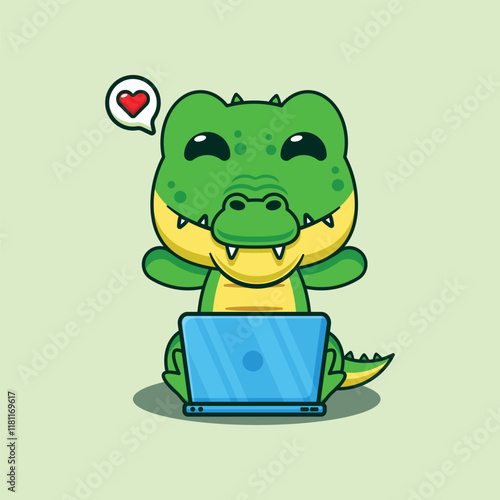 Crocodile with laptop cartoon vector illustration.