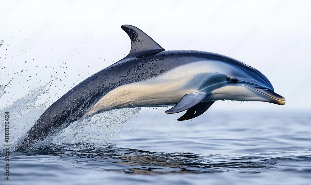Fototapeta premium Dolphin leaping from ocean waves at sunrise, wildlife image for nature projects.