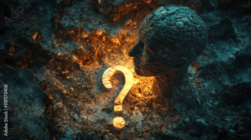 Glowing question mark in cave. Illustrates deep mysteries and primordial questions