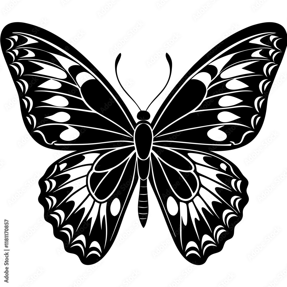 Black and White Butterfly Silhouette with Intricate Symmetrical Wing Patterns Vector Black and White Butterfly Silhouette with Intricate Symmetrical Wing Patterns Vector