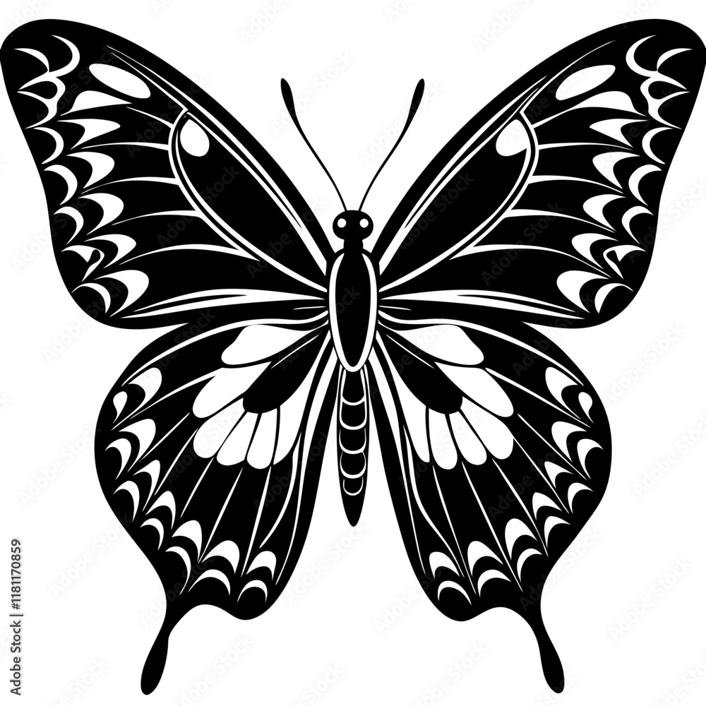 Black and White Butterfly Silhouette with Intricate Symmetrical Wing Patterns Vector Black and White Butterfly Silhouette with Intricate Symmetrical Wing Patterns Vector