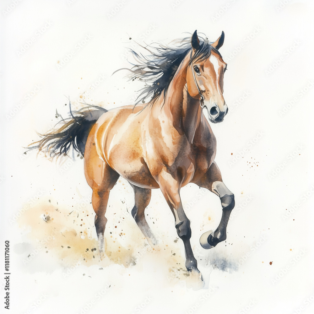 Illustration of the Thoroughbred running towards through grassland, soft watercolor tones, white background, detailed illustration, cartoonish. Illustration of the Thoroughbred running towards through grassland, soft watercolor tones, white background, detailed illustration, cartoonish.