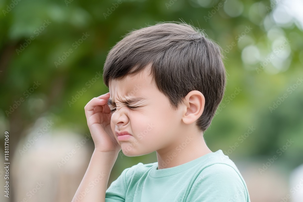 Young Boy Experiencing Earache Pain, Hand to Ear, Frowning, Outdoor Setting, Child Healthcare Concept Young Boy Experiencing Earache Pain, Hand to Ear, Frowning, Outdoor Setting, Child Healthcare Concept