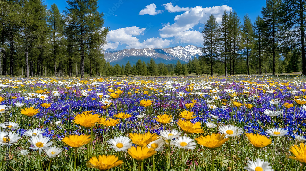 Obraz premium Colorful wildflowers bloom in a mountain meadow, sunny day, Alps landscape, idyllic nature scene, perfect for travel brochures.