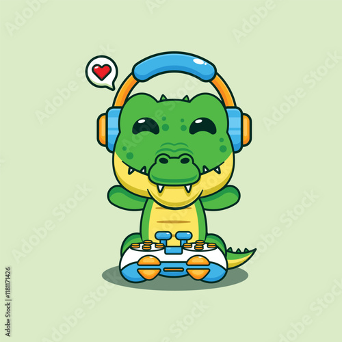 Crocodile gamer cartoon vector illustration