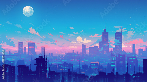 Wallpaper Mural 日本のアニメ風景をオマージュしたイラスト。夜の空と月の夜景、都会のビル群と自然が調和した絵。仕事や散歩をしている時に見る景色。引き込まれる美しさ。 Torontodigital.ca