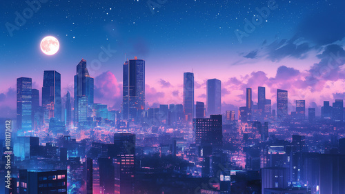 Wallpaper Mural 日本のアニメ風景をオマージュしたイラスト。夜の空と月の夜景、都会のビル群と自然が調和した絵。仕事や散歩をしている時に見る景色。引き込まれる美しさ。 Torontodigital.ca
