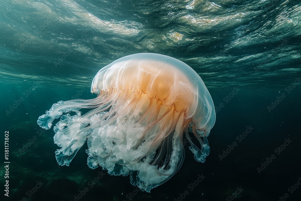 Obraz premium A majestic jellyfish gracefully floats beneath the surface of the water, its translucent body illuminated by beams of light, surrounded by gentle ocean currents