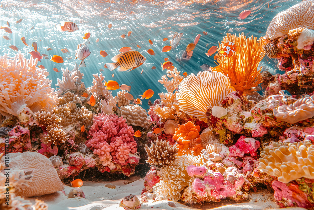 A dynamic school of colorful fish swimming through the coral reef, creating a harmonious underwater scene. The interplay of light and the diverse corals adds depth and beauty to the vibrant marine eco A dynamic school of colorful fish swimming through the coral reef, creating a harmonious underwater scene. The interplay of light and the diverse corals adds depth and beauty to the vibrant marine eco