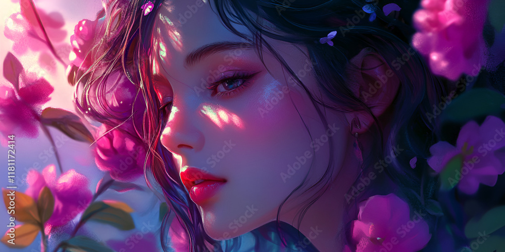 Enchanted Beauty: A mesmerizing digital portrait of a woman with delicate features and ethereal beauty, framed by vibrant pink blossoms. The light casts an enchanting glow. Enchanted Beauty: A mesmerizing digital portrait of a woman with delicate features and ethereal beauty, framed by vibrant pink blossoms. The light casts an enchanting glow.