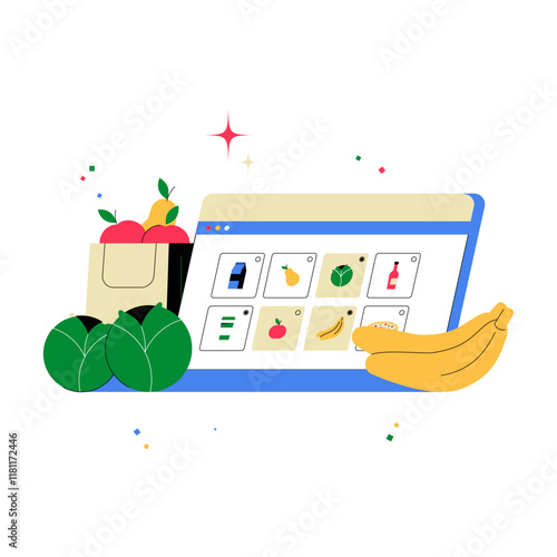 Online Grocery Shopping On A Digital Platform In Flat Vector Illustration Symbolizing Convenience, Online Retail, And E Commerce, Isolated On White Background.