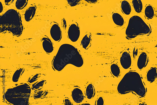 Doodle paw prints seamless pattern with black trace designs for playful themes  photo